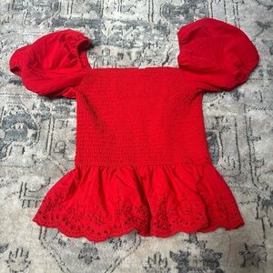 Iris Red Smocked Blouse with Puff Sleeves